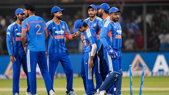 India's Arshdeep Singh, front left, celebrates with teammates after taking the wicket of West Indies' captain Shai Hope during the third T20I cricket match of a series between India and West Indies India's Arshdeep Singh, front left, celebrates with teammates after taking the wicket of West Indies' captain Shai Hope during the third T20I cricket match of a series between India and West Indies