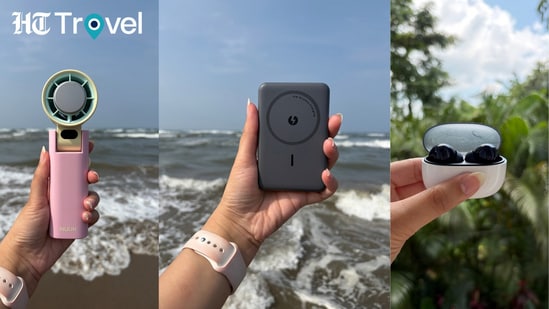 My three cabin-bag tech essentials that keep me cool, connected, and comfortably tuned out on flights and travel days. (Hindustan Times)