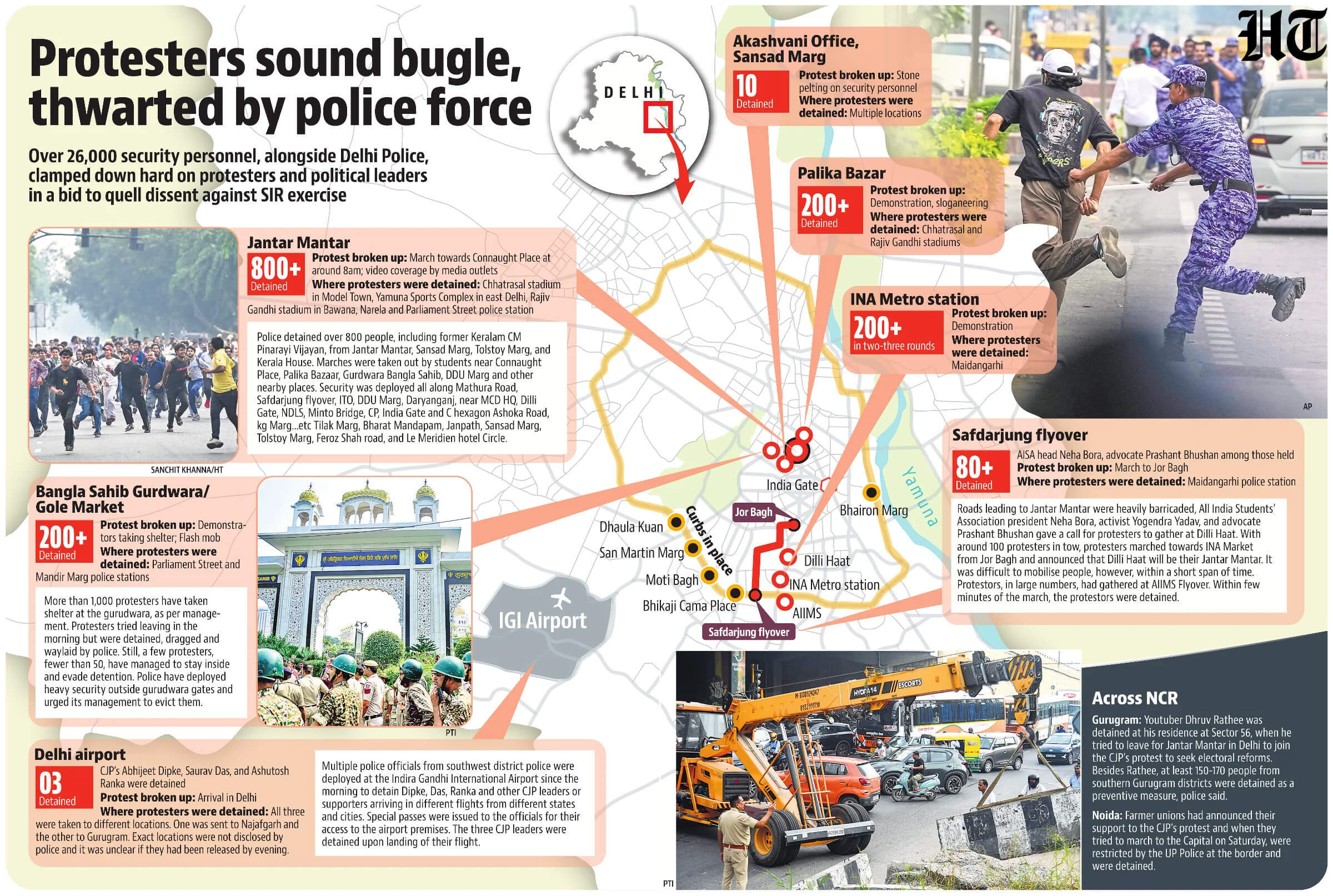 Security forces detained protesters at multiple locations across Delhi as the CJP protest was curtailed. (HT Graphics) Security forces detained protesters at multiple locations across Delhi as the CJP protest was curtailed. (HT Graphics)