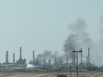 Smoke rises from a fire at the Aramco refinery south of Riyadh, Saudi Arabia, October 3, 2026.