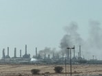 Smoke rises from a fire at the Aramco refinery south of Riyadh, Saudi Arabia,