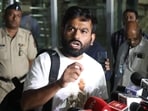 Cockroach Janta Party (CJP) founder Abhijeet Dipke speaks to the media at Dr BR Ambedkar International Airport, Nagpur, after being released from the custody of Delhi Police.