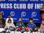 Cockroach Janta Party (CJP) co-conveners Saurav Das and Ashutosh Ranka, along with legal head Ratna Singh during a press conference following their release from preventive detention in New Delhi on Sunday. (PTI)