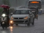 Commuters drenched during rain in Ludhiana on Sunday. (Gurpreet Singh/HT)