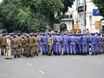 Heavy deployment at Connaught Place on Sunday. (Ishant Chauhan/Hindustan Photo)