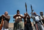 Houthi supporters carry weapons as they gather in solidarity with the movement as fighting intensifies across several fronts, in Sanaa, Yemen October 7, 2026.(REUTERS FILE)