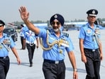 Chief of the Air Staff Air Chief Marshal AP Singh, centre, during the 94th Air Force Day celebrations at the Hindon Air Force Station, in Ghaziabad, Thursday, Oct. 8, 2026.