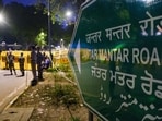 Security personnel keep a vigil at Jantar Mantar road after a protest call by Cockroach Janta Party (CJP) against Chief Election Commissioner (CEC) Gyanesh Kumar over alleged electoral roll irregularities, in New Delhi.(PTI)