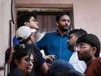 Cockroach Janta Party (CJP) co-conveners Saurav Das, Ashutosh Ranka and others after a press conference, in New Delhi, Sunday, Oct. 11.