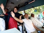Congress President Mallikarjun Kharge, party leader Rahul Gandhi and other members of the INDIA bloc move in a bus towards the Supreme Court to file a petition against Special Intensive Revision (SIR) of electoral rolls and alleged poll irregularities, in New Delhi.