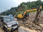 Road clearance work underway on the Jammu-Srinagar highway in Nagrota near Jammu on Sunday. (PTI)