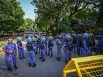 Security personnel are seen deployed in large numbers near Jantar Mantar, as roads leading to the protest site remain closed and barricaded amid heightened security arrangements ahead of a protest called by the Cockroach Janta Party (CJP) in New Delhi, on Friday, October 9, 2026. (Photo by Sanchit Khanna/ Hindustan Times)