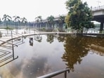 The Gomti Riverfront park submerges due to the rise in the water level of the Gomti River, in Lucknow on Friday.