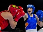 India's Parveen Hooda (in blue) fights England's Sacha Hickey during the Commonwealth Games 2026, in Glasgow.