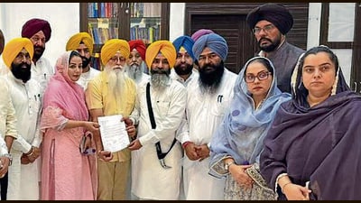 AAP MLAs submitting a memorandum regarding ‘police entry into Gurdwara Bangla Sahib’, at Akal Takht secretariat. (HT Photo)