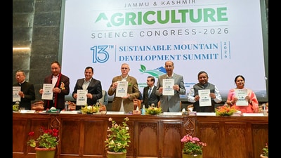 Jammu and Kashmir Chief Minister Omar Abdullah along with Agriculture Production Minister Javed Ahmed Dar, Advisor Nasir Aslam Wani, and other dignitaries releases a compendium during the 13th Sustainable Mountain Development Summit (SMDS) at SKUAST-K Shalimar, in Srinagar on Monday. (Sourced)