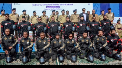 Jammu and Kashmir DGP Nalin Prabhat along with police personnel in a group photograph with police motorcycle riders during the flag off ceremony of a 'National Motorcycle Rally for Drug-Free India', in Srinagar, Monday. (PTI) Jammu and Kashmir DGP Nalin Prabhat along with police personnel in a group photograph with police motorcycle riders during the flag off ceremony of a 'National Motorcycle Rally for Drug-Free India', in Srinagar, Monday. (PTI)