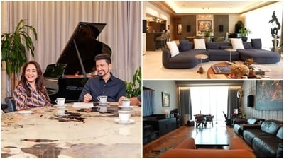 Madhuri Dixit and Dr Shriram Nene's Mumbai home combines original MF Husain artworks, elegant entertaining spaces, and personal touches. (Instagram/ madhuridixitnene and YouTube/ farahkhan) Madhuri Dixit and Dr Shriram Nene's Mumbai home combines original MF Husain artworks, elegant entertaining spaces, and personal touches. (Instagram/ madhuridixitnene and YouTube/ farahkhan)
