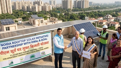 Noida ropes in RWAs, AOAs to push rooftop solar scheme in housing societies (Photo for representational purposes only) (Gemini-generated photo) Noida ropes in RWAs, AOAs to push rooftop solar scheme in housing societies (Photo for representational purposes only) (Gemini-generated photo)