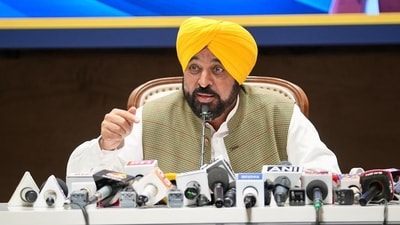 Punjab CM Bhagwant Mann addresses a press conference in Chandigarh. Punjab CM Bhagwant Mann addresses a press conference in Chandigarh.