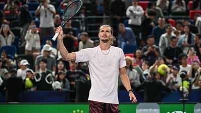 Germany's Alexander Zverev celebrates after winning against France's Quentin Halys during their men's singles match at the Shanghai Masters (AFP)