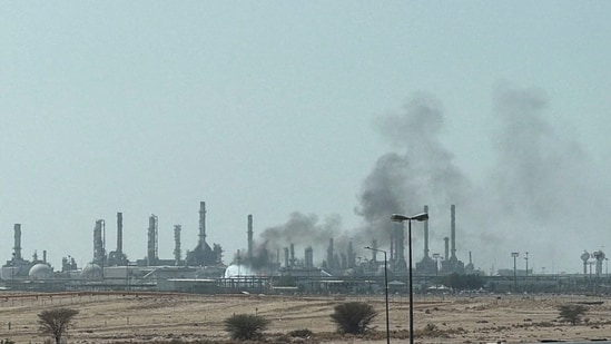 Smoke rises from a fire at the Aramco refinery south of Riyadh, Saudi Arabia,