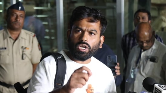 Cockroach Janta Party (CJP) founder Abhijeet Dipke speaks to the media at Dr BR Ambedkar International Airport, Nagpur, after being released from the custody of Delhi Police. (ANI)