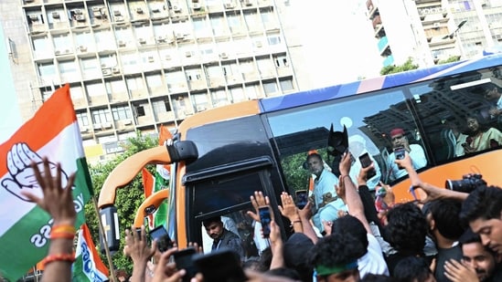 Visuals from the demonstration highlighted the massive turnout of participating INDIA bloc MPs. (AFP)