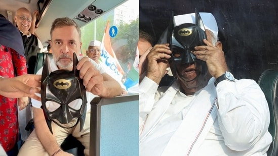 Leader of the Opposition in Lok Sabha Rahul Gandhi posed with a Batman mask during the march. 
