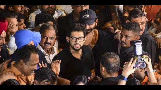 MNS leader Amit Thackeray and Shiv Sena (UBT)’s Aditya Thackeray in Mumbai on Sunday. (PTI)