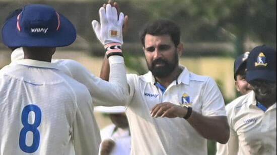 Mohammed Shami celebrates a wicket with his Bengal teammates on Day 1 of the Ranji Trophy tie against Delhi in Kalyani on Sunday. (PTI)