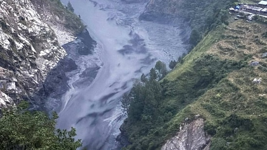 This photo is provided by the Nepal Army Budhi Gandaki river in north central Nepal is seen in spate, Sunday, Oct. 11, 2026. (Nepal Army via AP)
