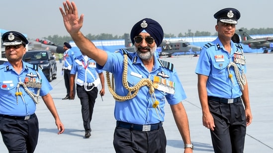 Chief of the Air Staff Air Chief Marshal AP Singh, centre, during the 94th Air Force Day celebrations at the Hindon Air Force Station, in Ghaziabad, Thursday, Oct. 8, 2026. (PTI)