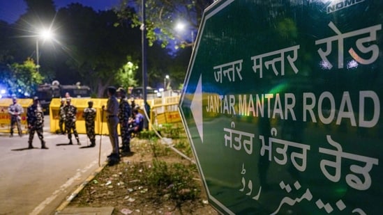 Security personnel keep a vigil at Jantar Mantar road after a protest call by Cockroach Janta Party (CJP) in New Delhi's Jantar Mantar, Saturday, Oct. 10, 2026.