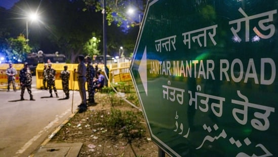 Security personnel keep a vigil at Jantar Mantar road after a protest call by Cockroach Janta Party (CJP) against Chief Election Commissioner (CEC) Gyanesh Kumar over alleged electoral roll irregularities, in New Delhi.