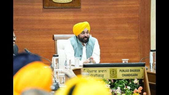 Punjab chief minister Bhagwant Mann during a meeting with the Qaumi Insaaf Morcha and other Sikh organisations in Chandigarh on Monday. (HT)