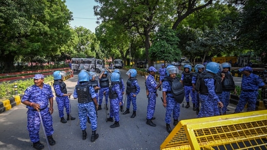 Security personnel are seen deployed in large numbers near Jantar Mantar, as roads leading to the protest site remain closed and barricaded amid heightened security arrangements ahead of a protest called by the Cockroach Janta Party (CJP) in New Delhi, on Friday, October 9, 2026. (Photo by Sanchit Khanna/ Hindustan Times)