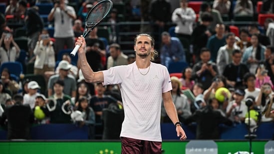 Germany's Alexander Zverev celebrates after winning against France's Quentin Halys during their men's singles match at the Shanghai Masters 