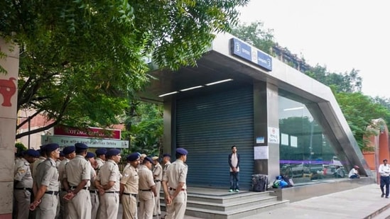 Security personnel stand guard near Janpath Metro Station. (PTI/File)