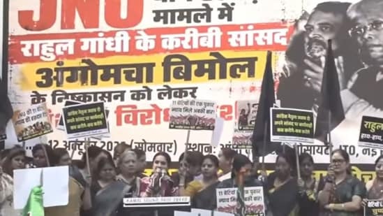 The protest came after JNU terminated Akoijam’s services following an inquiry into allegations of sexual harassment involving female students.(Screengrab/BJPDelhi)