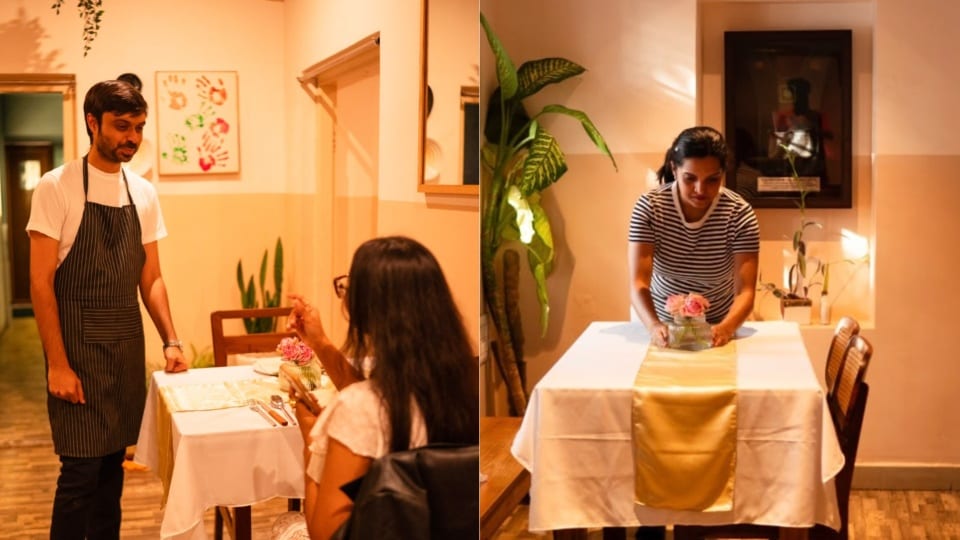 Co-founders Shamanth Ramachandra (left) and Keerthana Ramegowda (right) attend to guests and prepare tables inside the restored 90-year-old heritage bungalow. (Pics: Neon Castle)