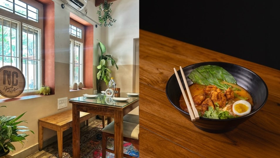 The cosy indoor dining area of Neon Castle — complete with high ceilings and soft natural light. A fresh bowl of 'Mysore ramen' — the signature dish featuring a spicy broth (right). (Pics: Sanya Panwar and Neon Castle)