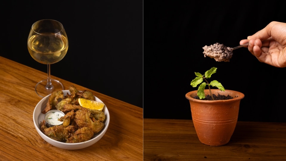 Golden-fried mushroom belluli kebabs paired with a house herb dip (left). The 'muddonna' — a velvety chocolate dessert served inside an actual terracotta flowerpot. (Pics: Neon Castle)
