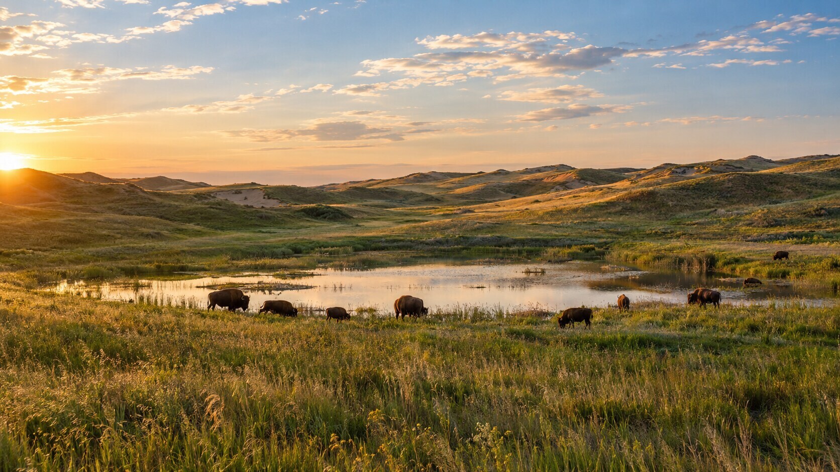 Grass, dunes, water, and bison, all in one working lab. (AI-generated/ChatGPT) Grass, dunes, water, and bison, all in one working lab. (AI-generated/ChatGPT)