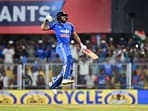 Shubman Gill celebrates his double century during the 2nd ODI against West Indies.