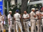 A view of the Delhi police deployed near Gurudwara Bangla Sahib at Connaught Place, in New Delhi on Sunday.