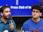 Cockroach Janta Party leaders Ashutosh Ranka and Saurav Das address the media at the Press Club of India, in New Delhi on Sunday.