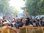 BJP Mahila Morcha workers protested near the Congress office, seeking expulsion of the Congress MP from his party. (HT Photo)