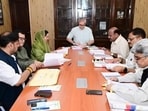Chief minister Omar Abdullah chairing a cabinet meeting in Jammu. The present cabinet comprises six members, the chief minister and five ministers, leaving three vacancies. (File photo)