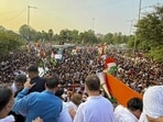 Congress leader Rahul Gandhi and others during ‘March for Democracy’ by INDIA bloc leaders, towards the Supreme Court, to file a petition against Chief Election Commissioner Gyanesh Kumar and 'vote chori', at Barakhamba road, in New Delhi. (AICC via PTI)